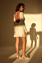 Load image into Gallery viewer, Wedding Dresses, Mini Dresses, Halter Neck, High Neck, Long Sleeve, Satin Dress, Low Back, Wedding Flowers, Gabrielle Mini Dress, We Are Mancini Bridal Wear, Wedding Dress, Wedding Separates, Destination Wedding, Luxury Wedding, Beach Wedding, Wedding Dress Two Piece, Top and Skirt, Wedding Nails, Wedding Accessories, Wedding Decor, Paris, Travel