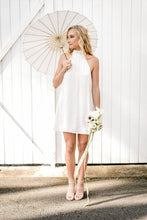 Load image into Gallery viewer, Wedding Dresses, Mini Dresses, Halter Neck, High Neck, Long Sleeve, Satin Dress, Low Back, Wedding Flowers, Brigitte Mini Dress, We Are Mancini Bridal Wear, Wedding Dress, Wedding Separates, Destination Wedding, Luxury Wedding, Beach Wedding, Wedding Dress Two Piece, Top and Skirt, Wedding Nails, Wedding Accessories, Wedding Decor, Wedding Cake