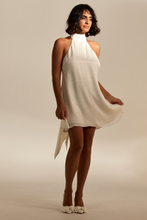 Load image into Gallery viewer, Wedding Dresses, Mini Dresses, Halter Neck, High Neck, Long Sleeve, Satin Dress, Low Back, Wedding Flowers, Brigitte Mini Dress, We Are Mancini Bridal Wear, Wedding Dress, Wedding Separates, Destination Wedding, Luxury Wedding, Beach Wedding, Wedding Dress Two Piece, Top and Skirt, Wedding Nails, Wedding Accessories, Wedding Decor, Wedding Cake