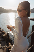 Load image into Gallery viewer, Wedding Dresses, Mini Dresses, Halter Neck, High Neck, Long Sleeve, Satin Dress, Low Back, Wedding Flowers, Gabrielle Mini Dress, We Are Mancini Bridal Wear, Wedding Dress, Wedding Separates, Destination Wedding, Luxury Wedding, Beach Wedding, Wedding Dress Two Piece, Top and Skirt, Wedding Nails, Wedding Accessories, Wedding Decor, Paris, Travel