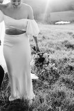 Load image into Gallery viewer, Bowie Bridal Skirt, We Are Mancini Ready to Wear Bridal, Strapless, Off The Shoulder Top, Tulle Blouse, Maxi Skirt, Bias Cut Skirt, Slip Skirt, Frill Skirt, Midi Skirt, Frill Sleeves, Short Sleeves, Wedding Dress, Wedding Separates, Destination Wedding, Luxury Wedding, Beach Wedding, Wedding Dress Two Piece, Top and Skirt, Wedding Set