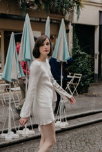 Load image into Gallery viewer, Wedding Dresses, Mini Dresses, Halter Neck, High Neck, Long Sleeve, Satin Dress, Low Back, Wedding Flowers, Gabrielle Mini Dress, We Are Mancini Bridal Wear, Wedding Dress, Wedding Separates, Destination Wedding, Luxury Wedding, Beach Wedding, Wedding Dress Two Piece, Top and Skirt, Wedding Nails, Wedding Accessories, Wedding Decor