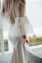 Load image into Gallery viewer, Tulle Blouse, Tulle, Pearls, Frill Sleeves, Long Sleeves, Wedding Dress, Wedding Separates, Destination Wedding, Luxury Wedding, Beach Wedding, Wedding Dress Two Piece, Top and Skirt