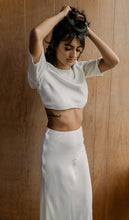 Load image into Gallery viewer, Bowie Bridal Skirt, We Are Mancini Ready to Wear Bridal, Strapless, Off The Shoulder Top, Tulle Blouse, Maxi Skirt, Bias Cut Skirt, Slip Skirt, Frill Skirt, Midi Skirt, Frill Sleeves, Short Sleeves, Wedding Dress, Wedding Separates, Destination Wedding, Luxury Wedding, Beach Wedding, Wedding Dress Two Piece, Top and Skirt, Wedding Set