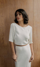 Load image into Gallery viewer, Oasis Tie Back Skirt, We Are Mancini Ready to Wear Bridal, Strapless, Off The Shoulder Top, Crop Top, Maxi Skirt, Bias Cut Skirt, Slip Skirt, Frill Skirt, Midi Skirt, Frill Sleeves, Short Sleeves, Wedding Dress, Wedding Separates, Destination Wedding, Luxury Wedding, Beach Wedding, Wedding Dress Two Piece, Top and Skirt, Wedding Set