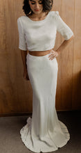 Load image into Gallery viewer, Bowie Bridal Skirt, We Are Mancini Ready to Wear Bridal, Strapless, Off The Shoulder Top, Tulle Blouse, Maxi Skirt, Bias Cut Skirt, Slip Skirt, Frill Skirt, Midi Skirt, Frill Sleeves, Short Sleeves, Wedding Dress, Wedding Separates, Destination Wedding, Luxury Wedding, Beach Wedding, Wedding Dress Two Piece, Top and Skirt, Wedding Set