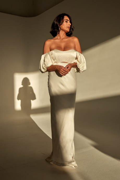 Bowie Bridal Skirt, We Are Mancini Ready to Wear Bridal, Strapless, Off The Shoulder Top, Tulle Blouse, Maxi Skirt, Bias Cut Skirt, Slip Skirt, Frill Skirt, Midi Skirt, Frill Sleeves, Short Sleeves, Wedding Dress, Wedding Separates, Destination Wedding, Luxury Wedding, Beach Wedding, Wedding Dress Two Piece, Top and Skirt, Wedding Set 