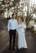 Load image into Gallery viewer, Bowie Bridal Skirt, We Are Mancini Ready to Wear Bridal, Strapless, Off The Shoulder Top, Tulle Blouse, Maxi Skirt, Bias Cut Skirt, Slip Skirt, Frill Skirt, Midi Skirt, Frill Sleeves, Short Sleeves, Wedding Dress, Wedding Separates, Destination Wedding, Luxury Wedding, Beach Wedding, Wedding Dress Two Piece, Top and Skirt, Wedding Set 