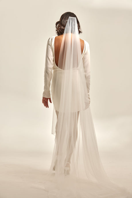Issey Veil, We Are Mancini Bridal Wear, Wedding Veil, Veil Design, Sheer Veil, Lace Veil, Low Back, Long Sleeves, Wedding Dress, Wedding Separates, Destination Wedding, Luxury Wedding, Beach Wedding, Wedding Dress Two Piece, Top and Skirt, Wedding Nails, Wedding Accessories, Wedding Decor
