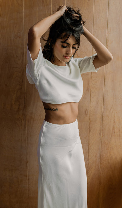 Oasis Tie Back Skirt, We Are Mancini Ready to Wear Bridal, Strapless, Off The Shoulder Top, Crop Top, Maxi Skirt, Bias Cut Skirt, Slip Skirt, Frill Skirt, Midi Skirt, Frill Sleeves, Short Sleeves, Wedding Dress, Wedding Separates, Destination Wedding, Luxury Wedding, Beach Wedding, Wedding Dress Two Piece, Top and Skirt, Wedding Set 
