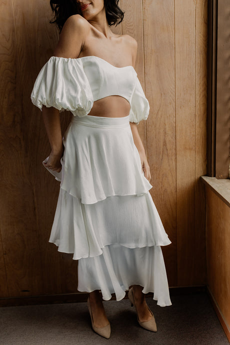 Gillian Frill Skirt, We Are Mancini Ready to Wear Bridal, Strapless, Off The Shoulder Top, Tulle Blouse, Maxi Skirt, Frill Skirt, Midi Skirt, Frill Sleeves, Short Sleeves, Wedding Dress, Wedding Separates, Destination Wedding, Luxury Wedding, Beach Wedding, Wedding Dress Two Piece, Top and Skirt, Wedding Set 
